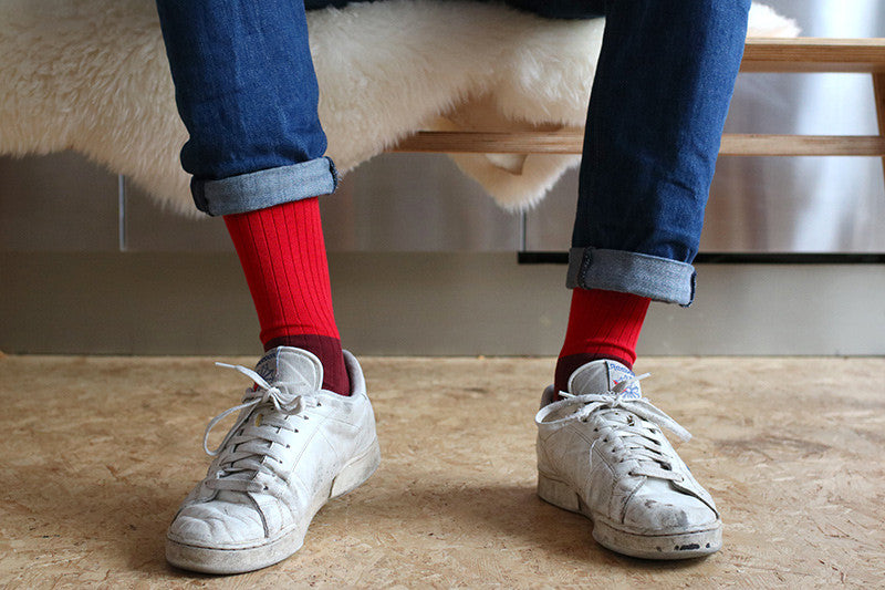 Escuyer colour block socks in red and burgundy — bold, expressive socks for men and women, made in Portugal