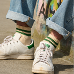 Close-up of Escuyer Men Striped Ankle Socks Blue / Orange — bold stripe detail at the cuff