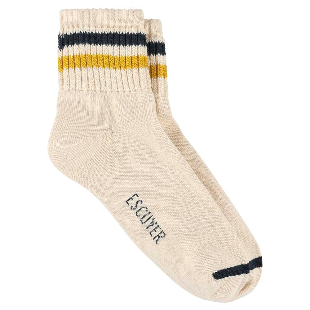 Escuyer Women Striped Ankle Socks in Ecru, Yellow and Blue — cotton blend, hand-linked toe, made in Portugal