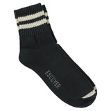Escuyer Men Striped Ankle Socks in Off Black and Ecru — cotton blend, hand-linked toe, made in Portugal