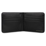 Escuyer black and blue billfold wallet open — blue leather interior with 6 card slots and 2 receipt pockets