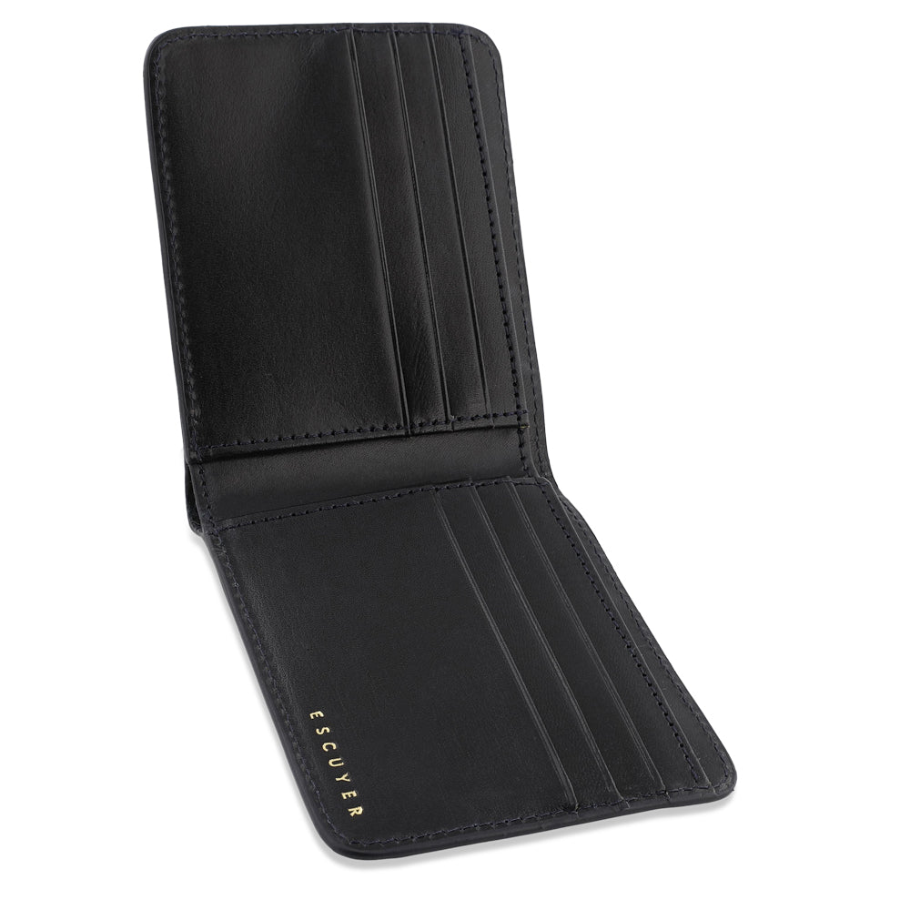 Escuyer black and blue billfold wallet showing bill sleeve in blue leather interior