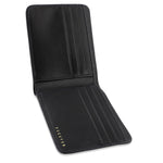 Escuyer black and blue billfold wallet showing bill sleeve in blue leather interior