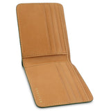 Escuyer jungle green billfold wallet showing bill sleeve in natural leather interior
