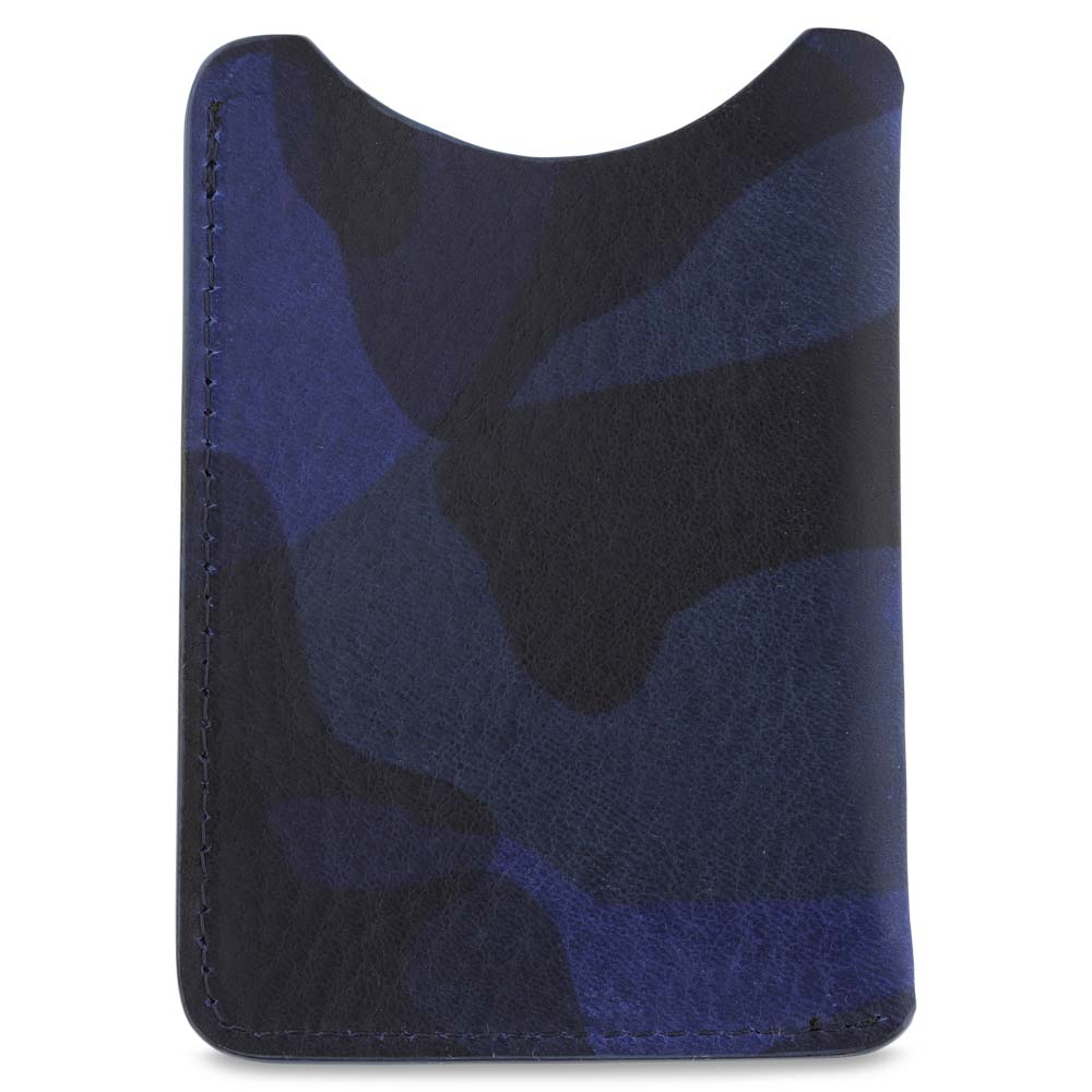 Escuyer blue camouflage leather card sleeve showing hand-dyed blue and black camo pattern