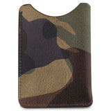 Escuyer military camouflage leather card sleeve showing hand-dyed olive and khaki camo pattern
