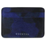 Escuyer blue camouflage leather cardholder — hand-dyed Italian veg-tan leather, front view