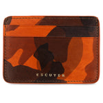 Escuyer orange camouflage leather cardholder — hand-dyed Italian veg-tan leather, front view