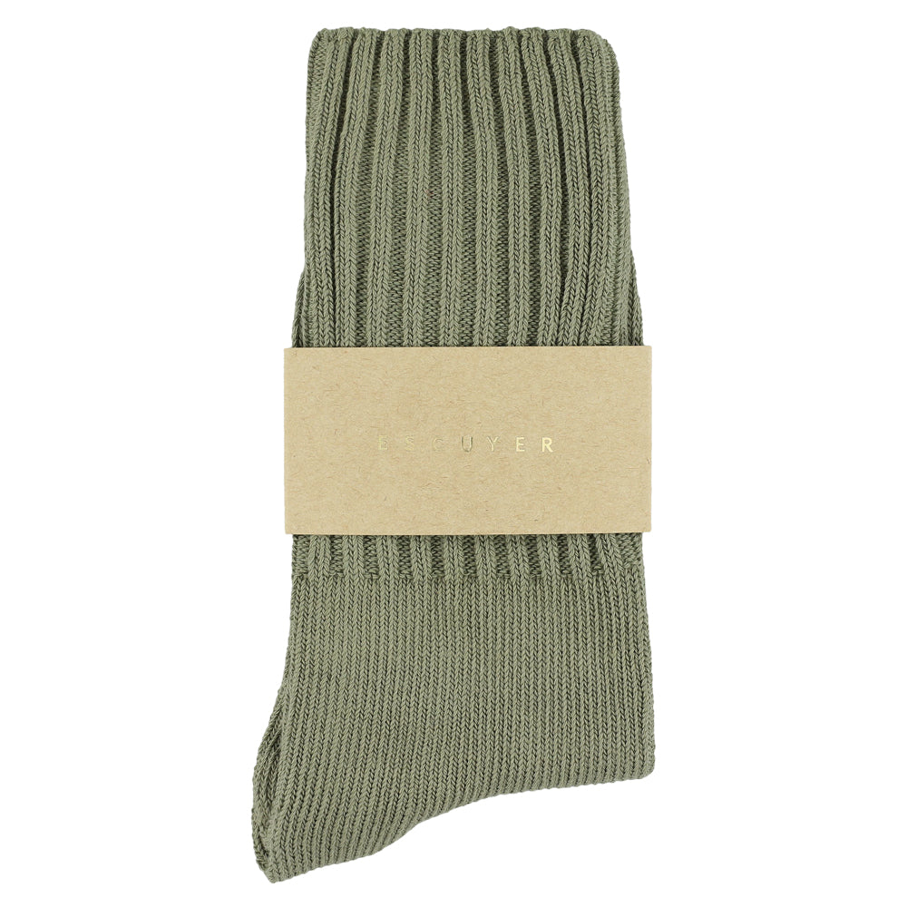 Women's ribbed crew socks in light khaki, slub cotton, made in Portugal by Escuyer