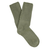Women's ribbed crew socks in light khaki, slub cotton, made in Portugal by Escuyer