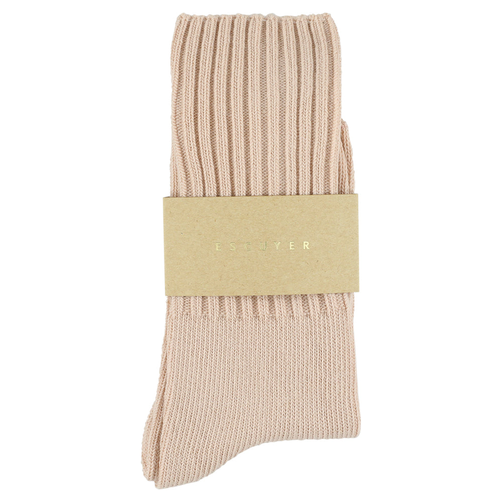 Women's ribbed crew socks in light pink, slub cotton, made in Portugal by Escuyer