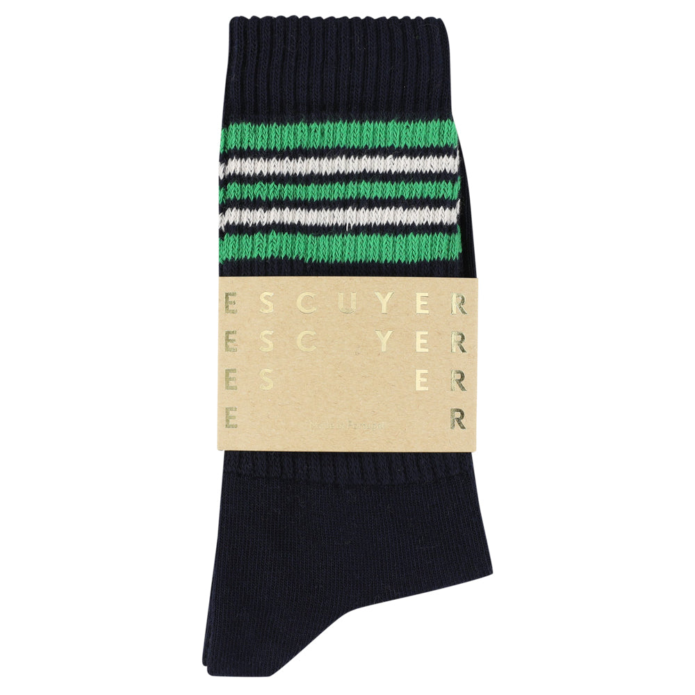 Escuyer Men's 5 Stripes Socks blue bright green ecru — hand-linked toe, soft Italian cotton yarn, made in Portugal