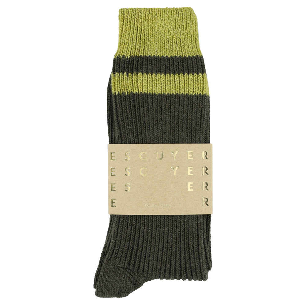 Close-up of Escuyer Military / Green Grey striped cashmere socks — 10% cashmere, 38% virgin wool, GRS certified recycled polyamide