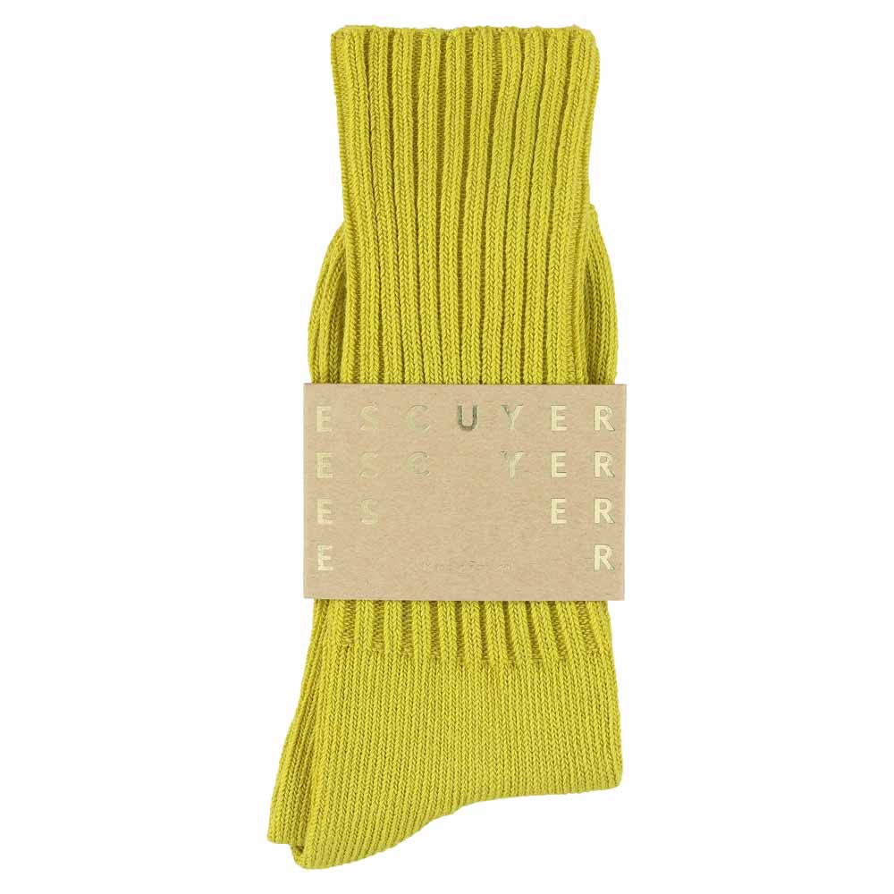 Men's ribbed crew socks in yellow, slub cotton, made in Portugal by Escuyer