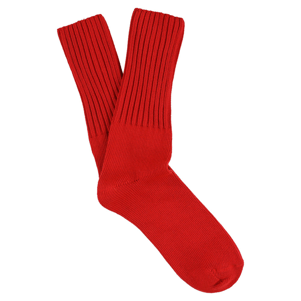 Men's ribbed crew socks in bright red, slub cotton, made in Portugal by Escuyer