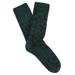 Off-black and green melange crew socks by Escuyer, slub-knit combed cotton