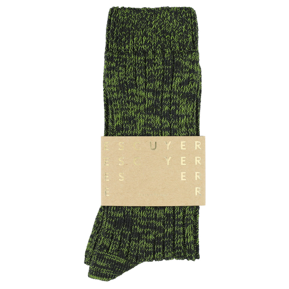 Escuyer off-black and green flash melange socks, crew length, made in Portugal