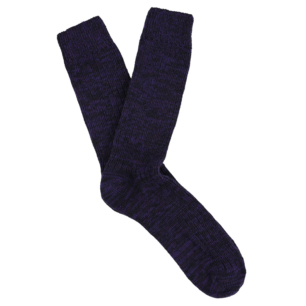 Purple and blue melange crew socks by Escuyer, slub-knit combed cotton