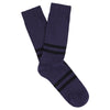 Pair of dark blue socks with black stripes on a white background