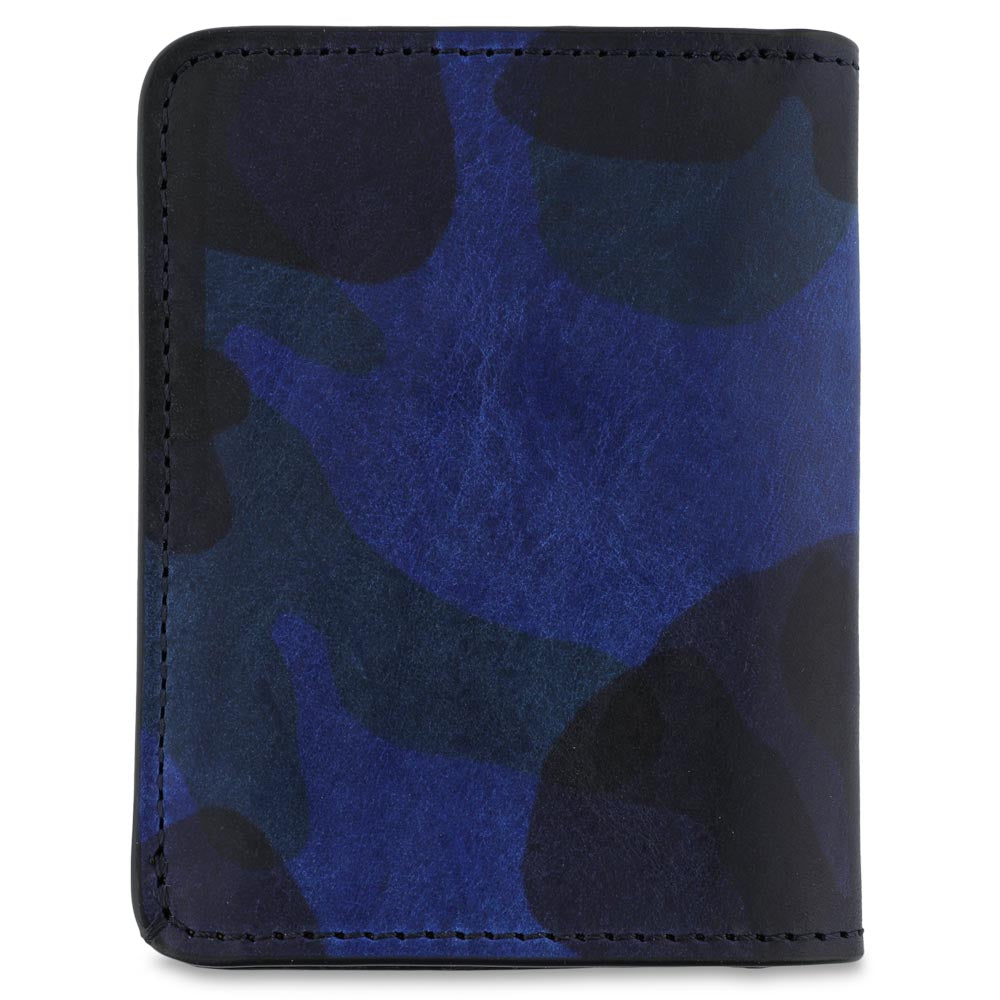 Escuyer blue camouflage slim wallet showing hand-dyed blue and black camo pattern