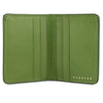 Escuyer jungle green slim wallet open — 6 card slots in natural leather interior