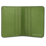 Escuyer jungle green slim wallet open — 6 card slots in natural leather interior