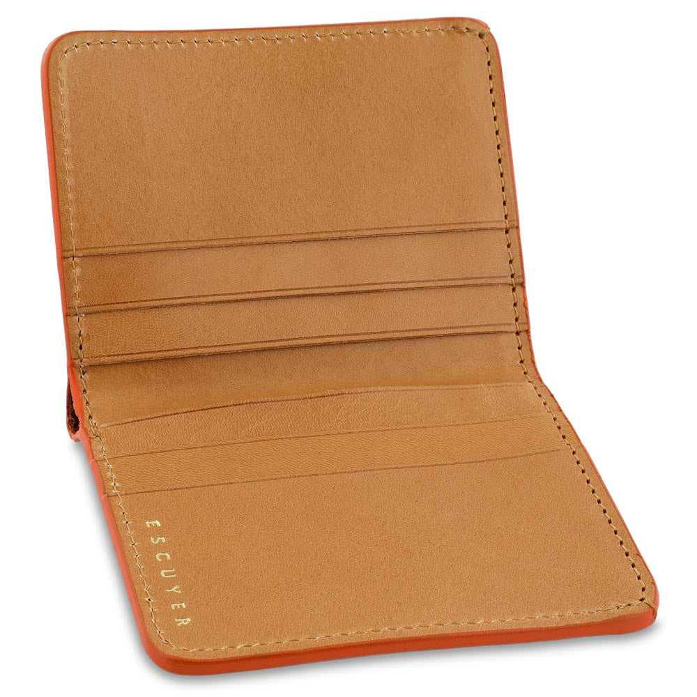 Escuyer orange camouflage slim wallet showing bill sleeve in natural leather interior