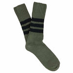 Men's striped crew socks in khaki and blue, slub cotton, made in Portugal by Escuyer