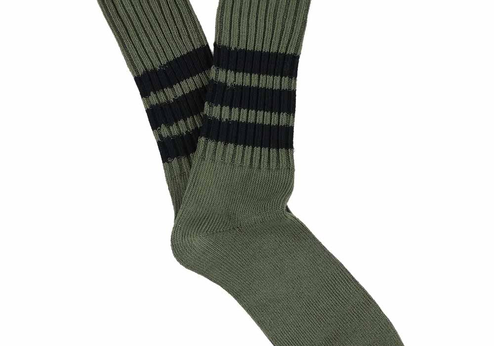 Men's striped crew socks in khaki and blue, slub cotton, made in Portugal by Escuyer