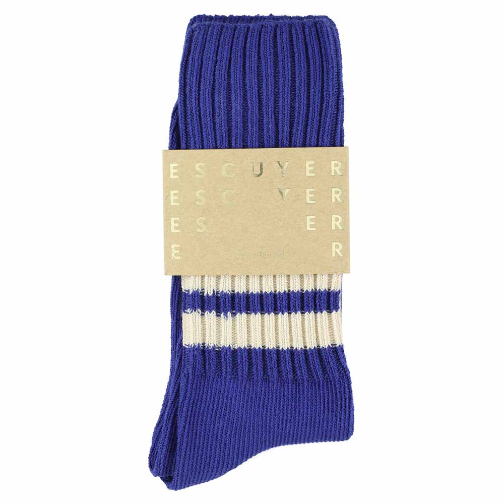 Men's striped crew socks in vintage blue and ecru, slub cotton, made in Portugal by Escuyer