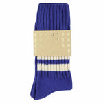Men's striped crew socks in vintage blue and ecru, slub cotton, made in Portugal by Escuyer