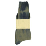 One-of-a-kind men's tie dye crew socks in navy and olive, hand-dyed, made in Portugal by Escuyer