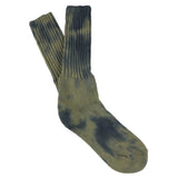 One-of-a-kind men's tie dye crew socks in navy and olive, hand-dyed, made in Portugal by Escuyer