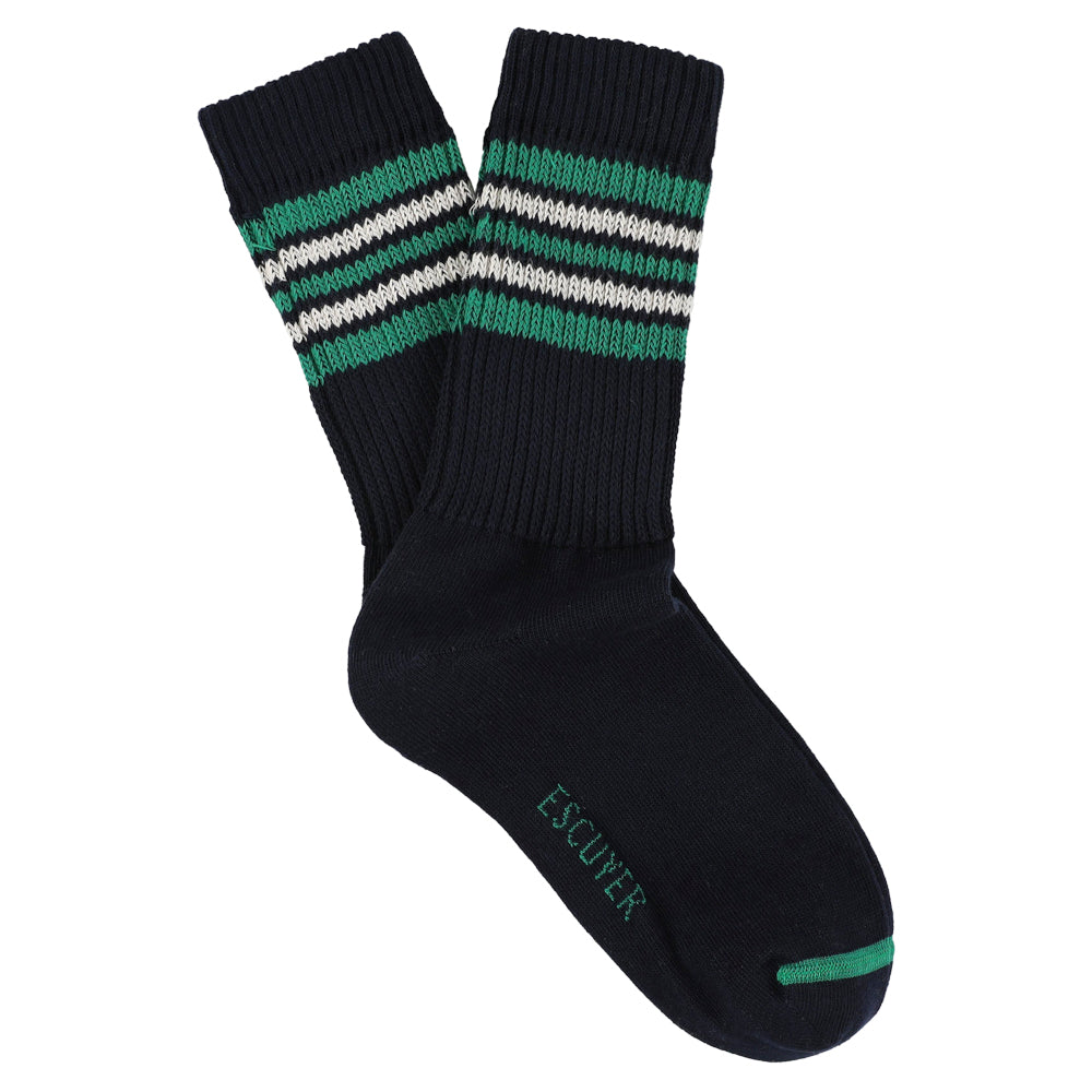 Escuyer Women's 5 Stripes Socks in blue, bright green and ecru — vintage athletics design, knitted on vintage machines in Portugal