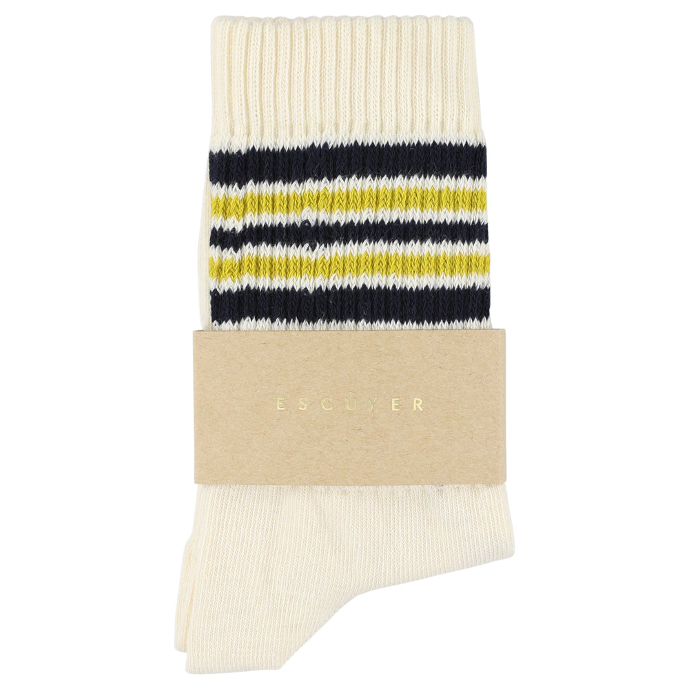Escuyer Women's 5 Stripes Socks ecru blue yellow — hand-linked toe, soft Italian cotton yarn, made in Portugal