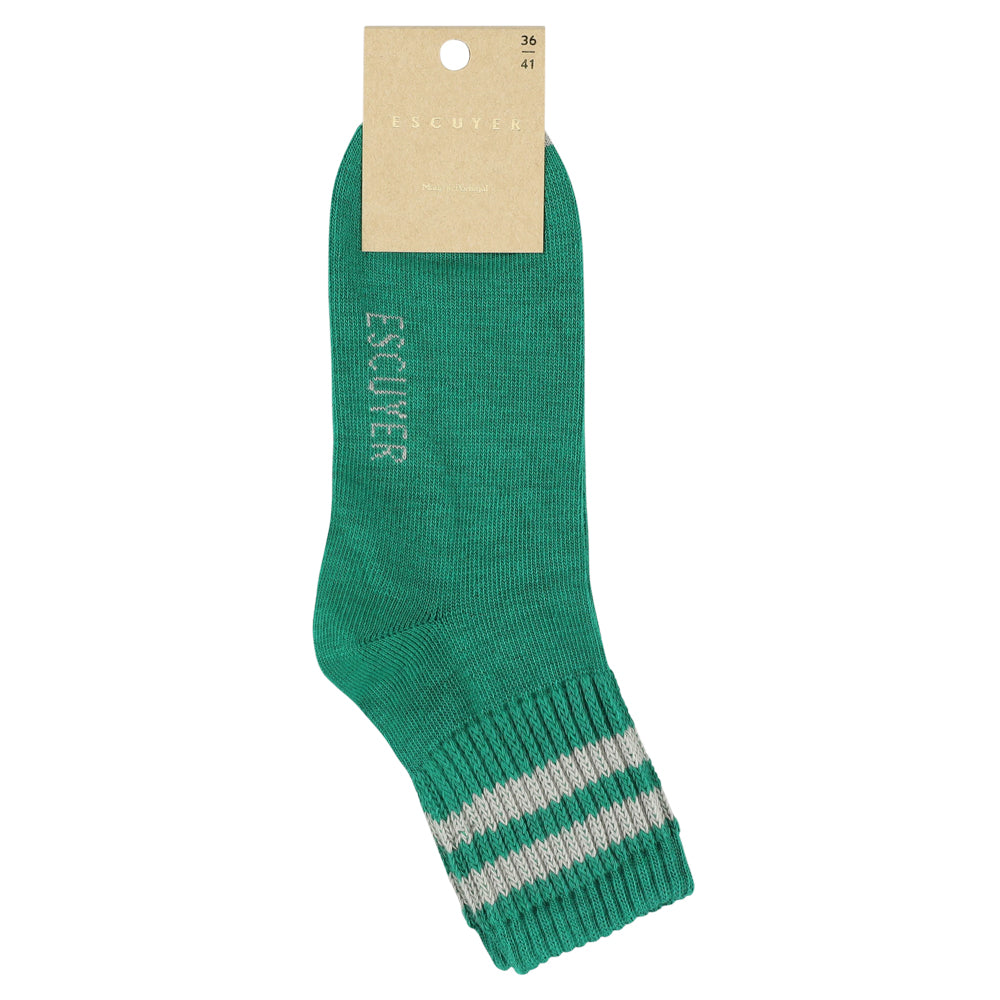 Close-up of Escuyer Women Striped Ankle Socks Green / Grey — calm versatile stripe at the cuff