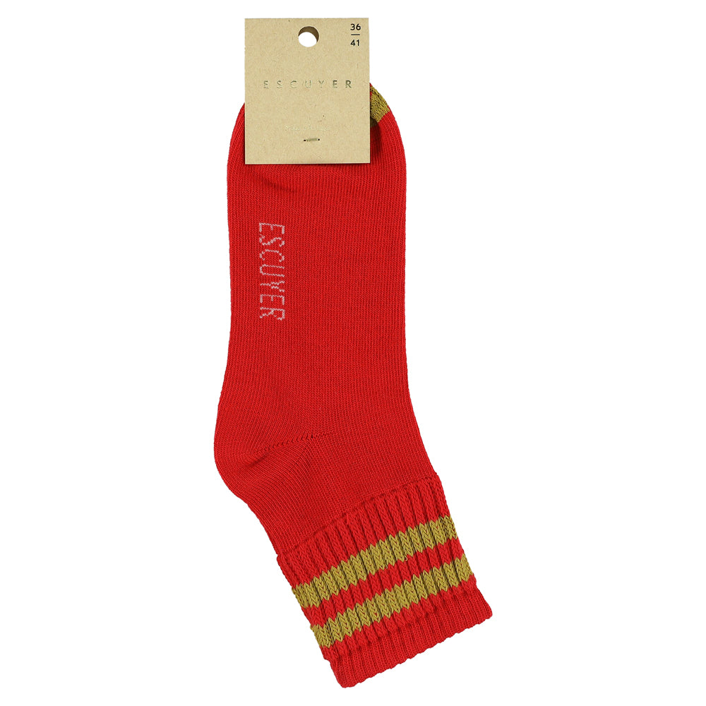 Close-up of Escuyer Women Striped Ankle Socks Red / Gold — rich heritage stripe at the cuff