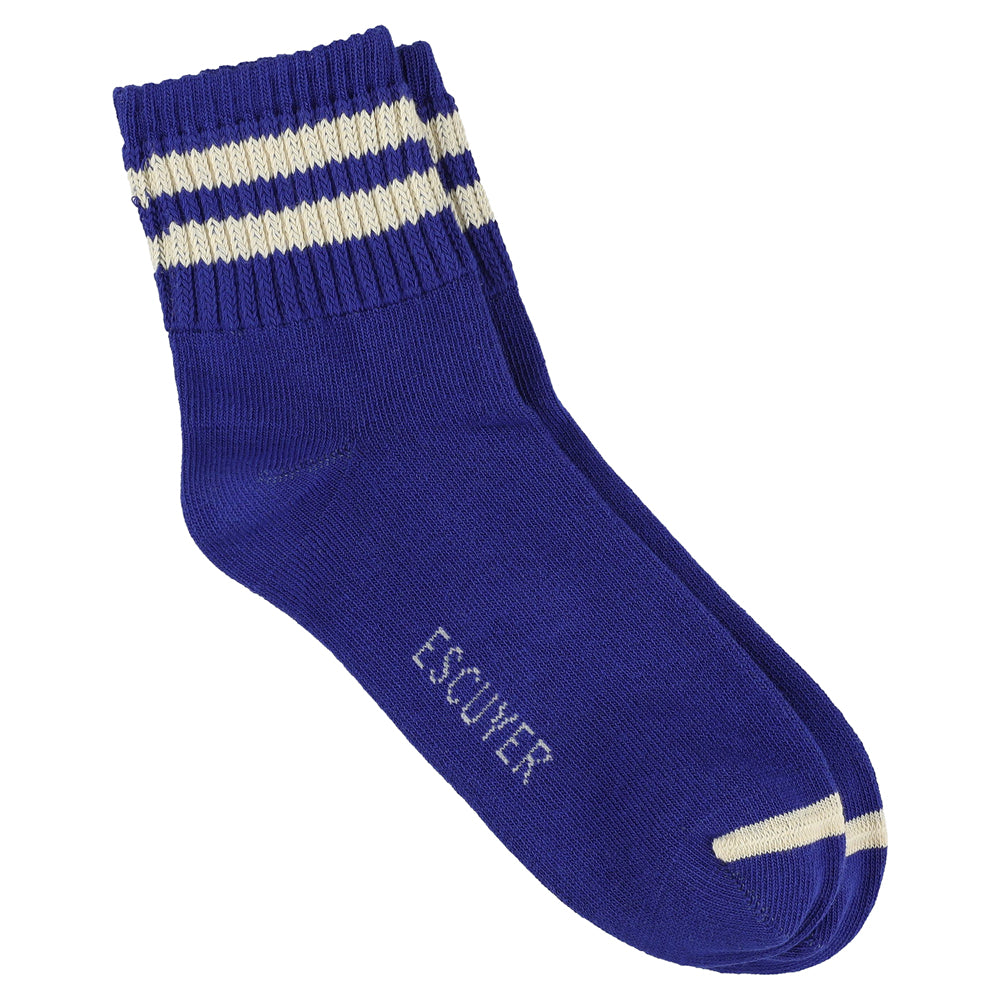 Escuyer Women Striped Ankle Socks in Blue and Ecru — cotton blend, hand-linked toe, made in Portugal