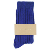 Close-up of Escuyer Bold Blue women's cashmere crew socks — 10% cashmere, 38% virgin wool, GRS certified recycled polyamide