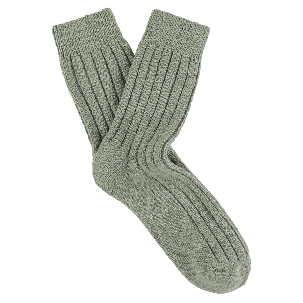 Pair of green wool and cashmere socks on a white background