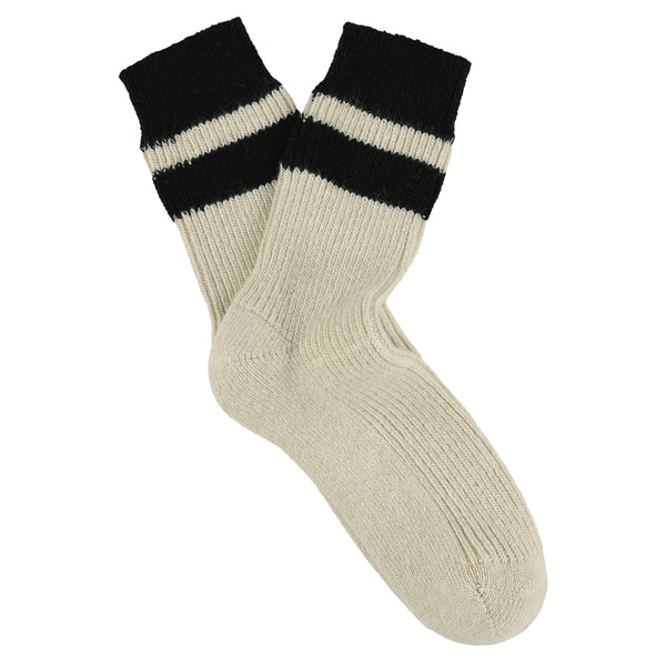 Pair of beige socks with black stripes made of wool and cashmere and crafted in Portugal