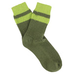 Escuyer women's striped cashmere socks in Khaki and Lime — mid-calf crew cut, premium cashmere and virgin wool blend, handmade in Portugal