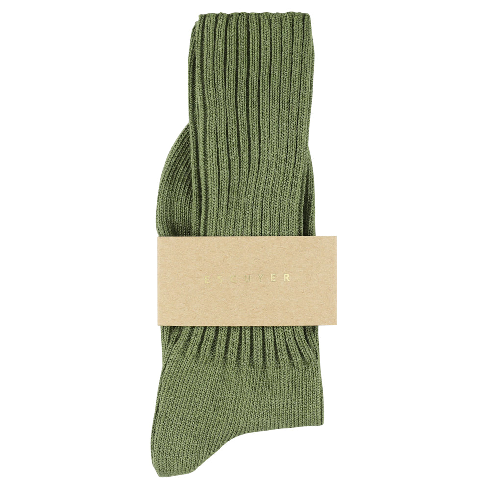 Women's ribbed crew socks in khaki, slub cotton, made in Portugal by Escuyer