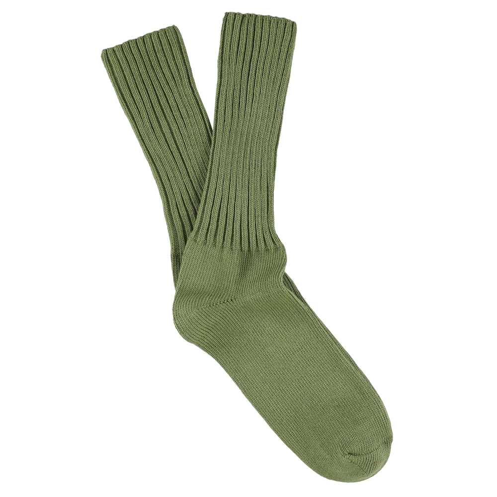 Women's ribbed crew socks in khaki, slub cotton, made in Portugal by Escuyer