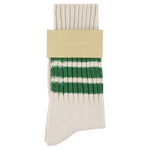 Women's striped crew socks in ecru and green, slub cotton, made in Portugal by Escuyer