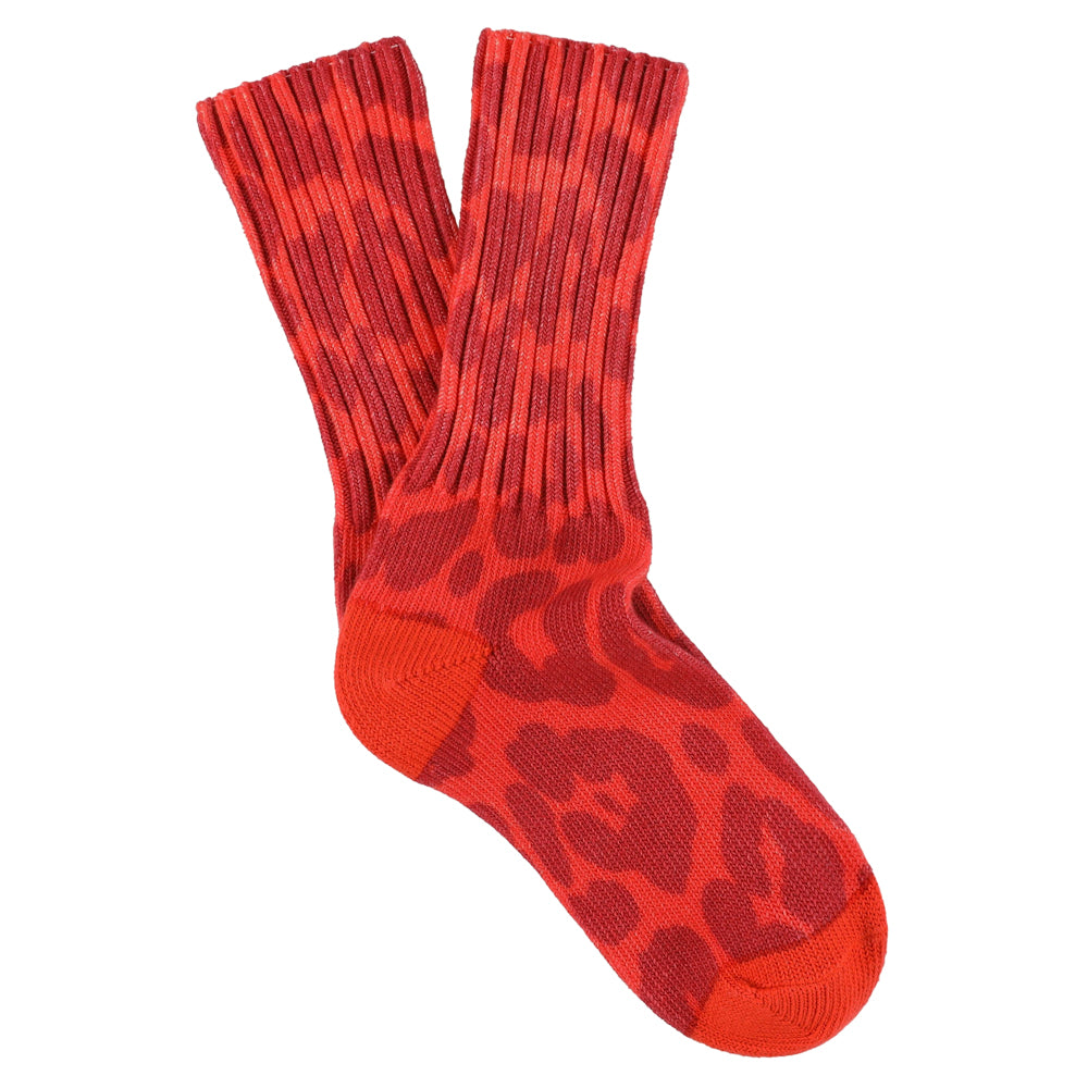 Women's leopard print crew socks in orange, slub cotton, made in Portugal by Escuyer