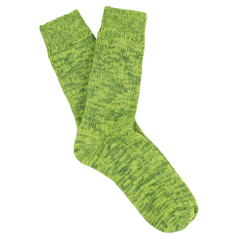 Women's fluo green melange crew socks by Escuyer, slub-knit combed cotton, made in Portugal