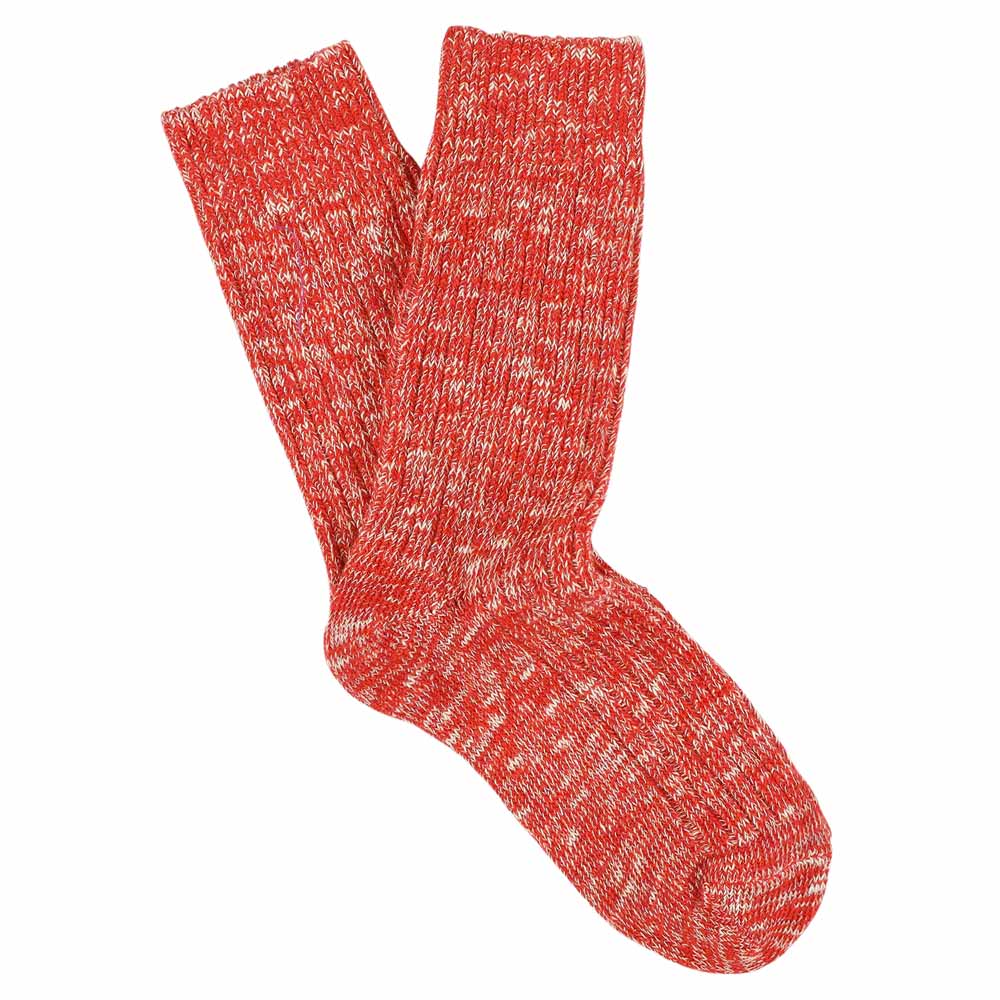 Women's orange melange crew socks by Escuyer, slub-knit combed cotton, made in Portugal