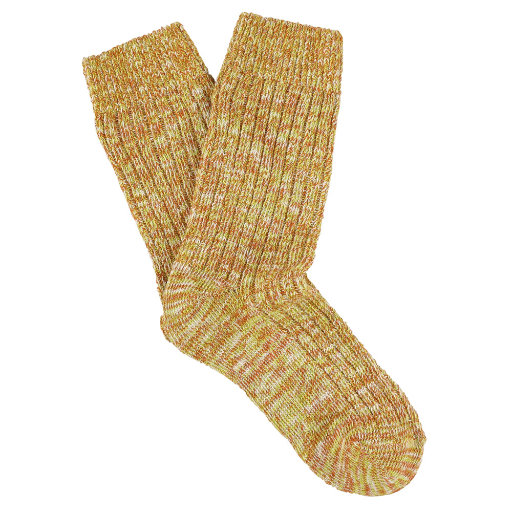 Women's yellow and orange melange crew socks by Escuyer, slub-knit combed cotton, made in Portugal