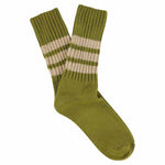 Women's striped crew socks in khaki and pink, slub cotton, made in Portugal by Escuyer